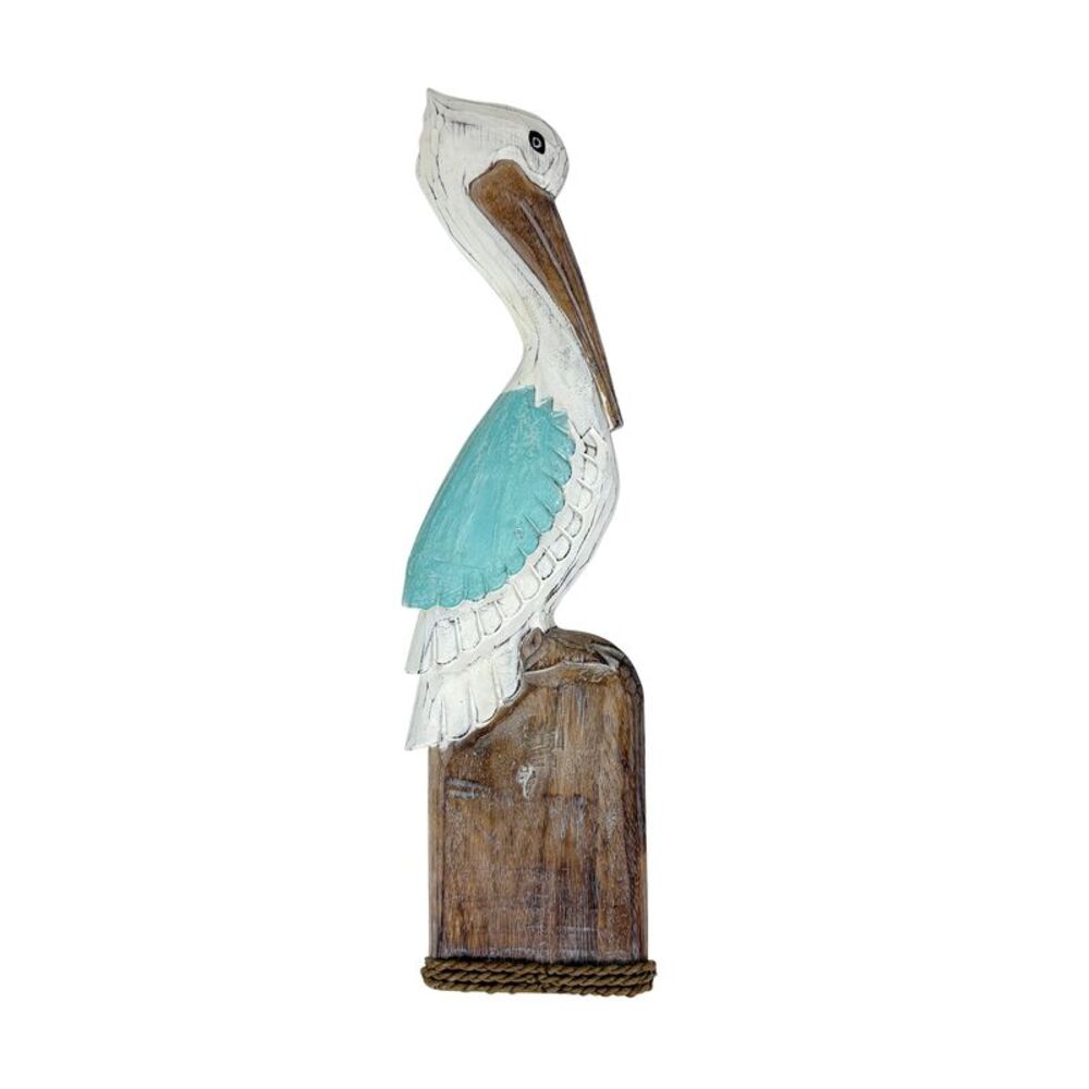 Hand Carved Wood Pelican Wall Plaque Aqua Coastal Rope Accent 24 Inch